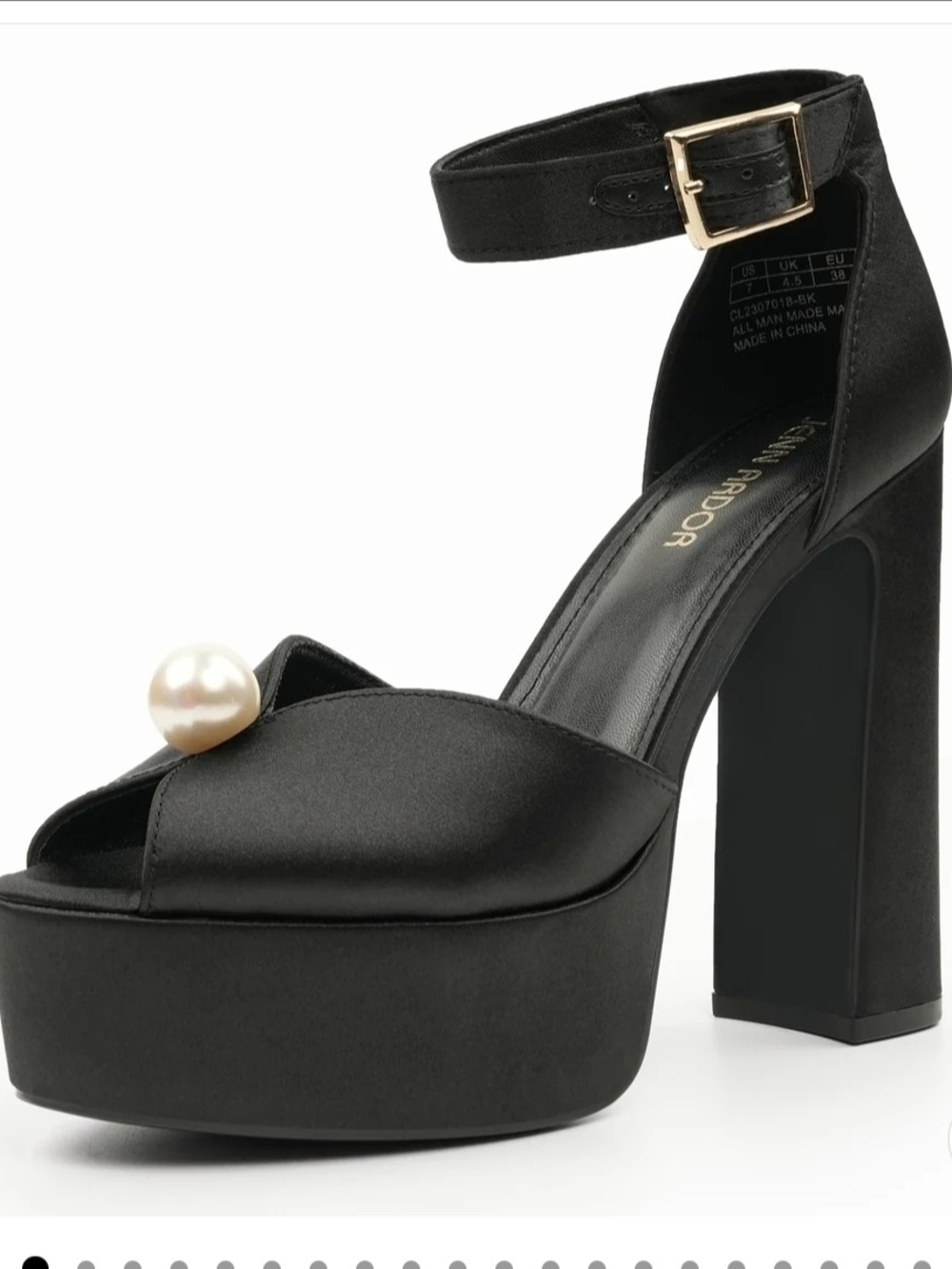 Jenn Ardor Black Satin Platform Sandal with Pearl Accent